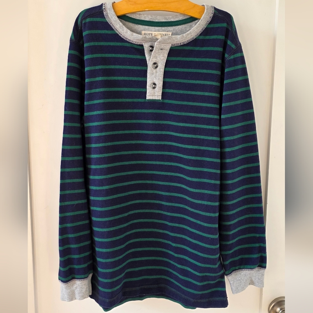 Boys' Striped Long Sleeve Henley - Blue and Green
